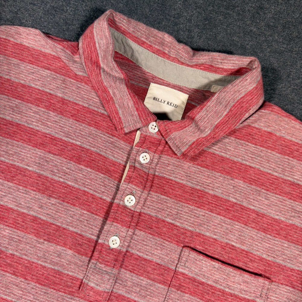 Billy Reid Polo Shirt Mens Large Red Striped Short Sleeve Cotton Blend Slub